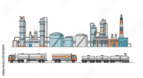 Industrial Refinery Factory with Tanker Trucks.