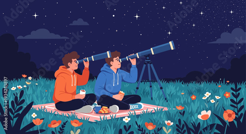 Two friends stargazing with telescope in a field at night