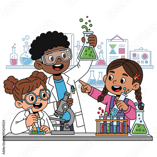 Three diverse children, two girls and one boy, enthusiastically conducting science experiments in a laboratory setting, surrounded by various beakers, flasks, and test tubes.