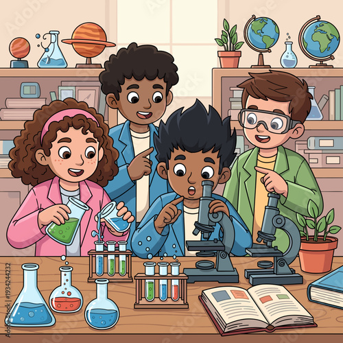Four diverse children enthusiastically conducting science experiments in a classroom, using microscopes, test tubes, and beakers, surrounded by educational science equipment.