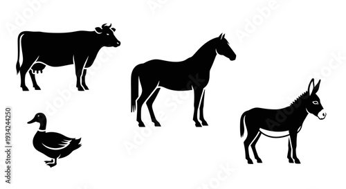 Farm Animals Silhouettes Set: Cow, Horse, Donkey, and Duck Icons