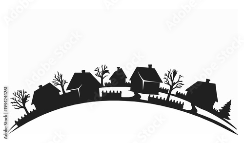 Cozy Winter Village Silhouette Landscape Illustration