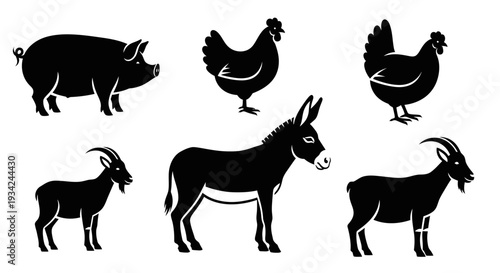 Farm Animals Silhouettes Set: Pig, Chicken, Donkey, and Goats Icons