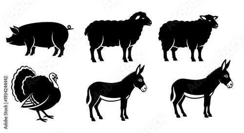 Farm Animals Silhouettes Set: Pig, Sheep, Turkey, and Donkeys Icons