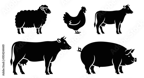 Farm Animals Silhouettes Set: Sheep, Chicken, Cow, and Pig Livestock Icons Collection