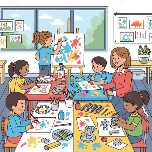Children engaged in a vibrant art class, painting and sculpting under the guidance of a teacher.