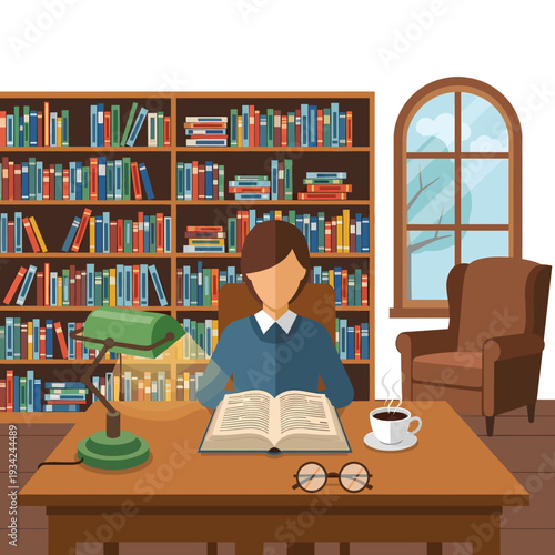 A person is reading a book at a wooden desk in a library with bookshelves and a window.
