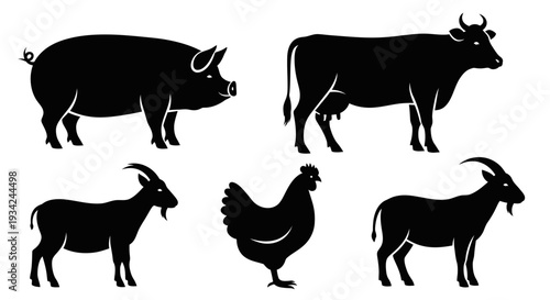 Farm Livestock Silhouettes Collection: Pig, Cow, Goat, Chicken, and Ram Icons