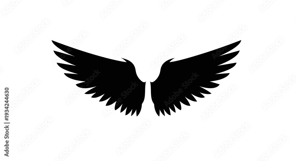 Fototapeta premium Black Silhouette of Spread Wings on a White Background.