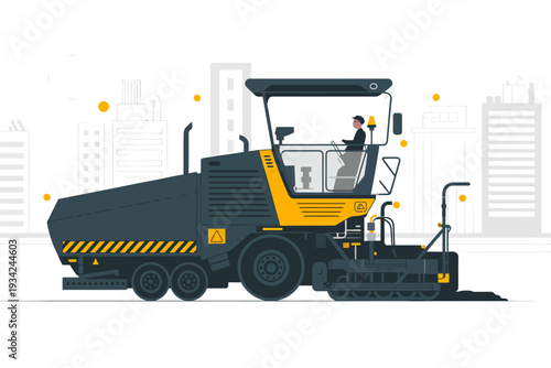 Asphalt paver machine with operator on city background  road construction vehicle