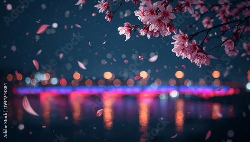 夜の川橋を玉ボケでにじませ右上の桜を輝かせたイラスト