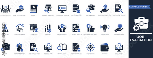 Job Evaluation Icon Collection Set. Containing job evaluation, job, evaluation, improvement, performance, information, ranking, assessment icon. Solid icon collection 