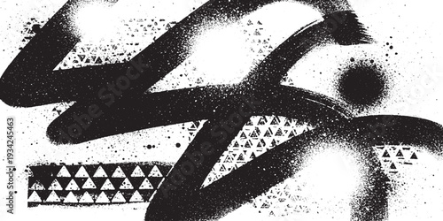 Abstract black brush strokes and geometric patterns with spray paint splatters on white background, modern artistic design