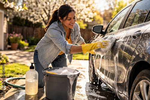 Woman washing car by hand in sunny driveway
