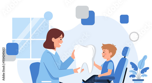 Dentist Explaining Tooth Health to a Child in Dental Chair