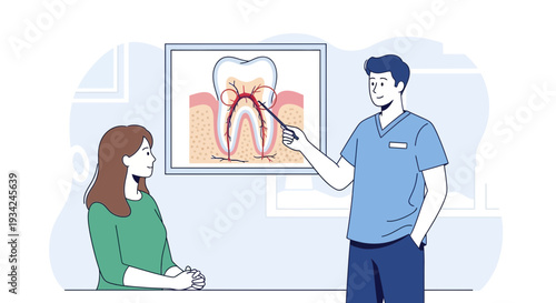 Dentist Explains Tooth Anatomy and Treatment to Patient