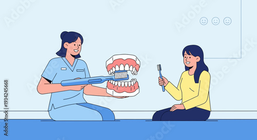 Dentist teaching child to brush teeth with dental model and toothbrush