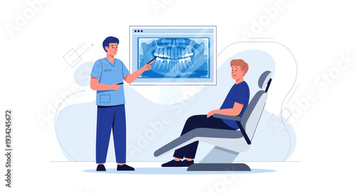 Dentist Explains X-ray Scan to Patient in Modern Dental Clinic