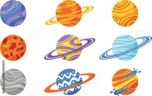 Colorful Cartoon Planets Collection with Ringed Gas Giants and Abstract Surface Textures Space Vector Illustration Set