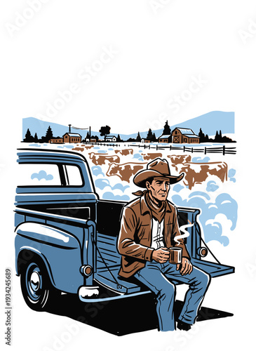 Vintage western cowboy on pickup truck tailgate drinking coffee at winter ranch sunset, vector illustration with copy space for design.