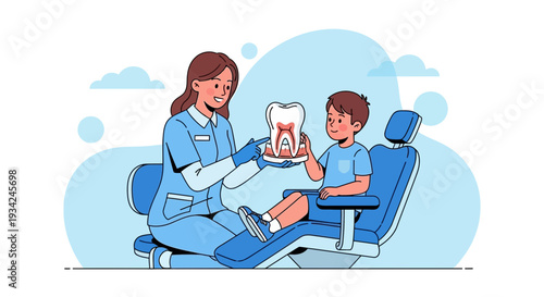 Dentist showing tooth model to child patient in dental chair, oral hygiene concept