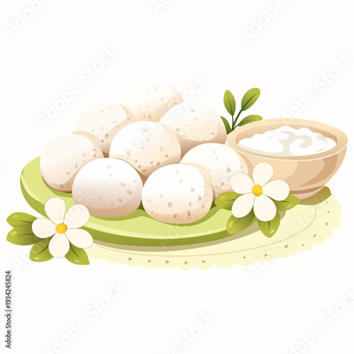 Snow White illustration on a white background. A classic Indonesian crescent-shaped cookie or ball covered in thick powdered sugar, giving it a cool sensation and a snow-like appearance