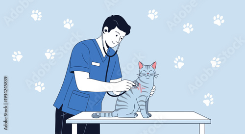 Veterinarian Examining Cat with Stethoscope, Pet Health Checkup