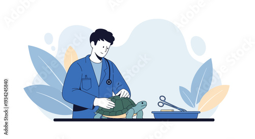 Veterinarian examining a turtle with medical tools, illustration