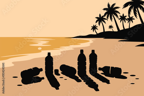 Polluted Beach with Plastic Waste on Sandy Shore, Environmental Pollution Concept