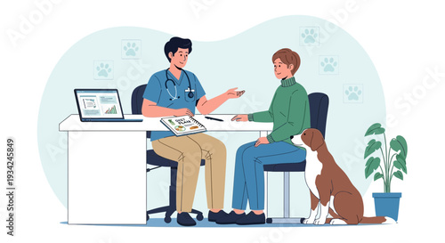 Veterinarian Examining Dog with Owner in Modern Clinic Office
