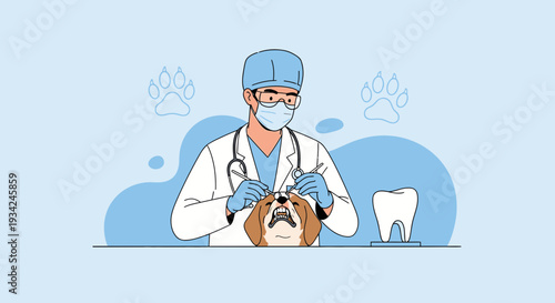 Veterinarian Examining Dog's Teeth with Dental Tools, Paw Prints Background