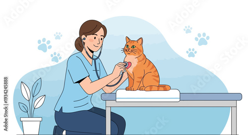 Veterinarian Examining Orange Cat with Stethoscope, Pet Care and Animal Health Check