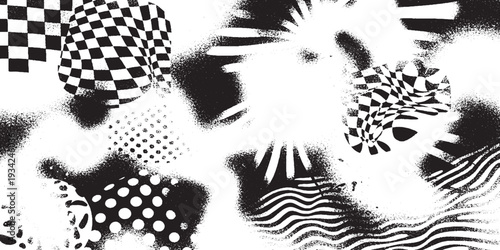 Surreal abstract composition with distorted checkerboard patterns, waves, and polka dots in monochrome spray paint style