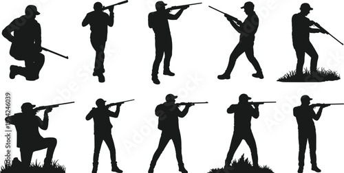 Black Vector Silhouette Set of Hunters and Marksmen with Rifles in Various Standing and Kneeling Poses for Outdoor Sport, Hunting Season, and Wildlife Activity.