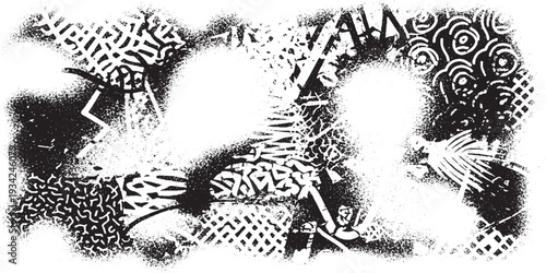 Dense abstract pattern with intricate black and white spray paint textures and geometric motifs for a complex, modern backdrop