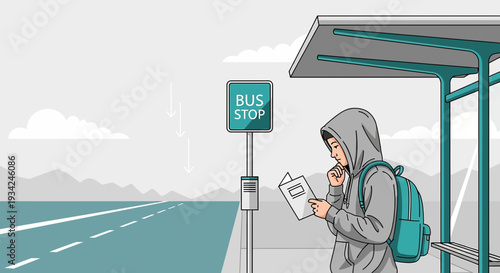 Teenager reading book at bus stop, waiting for transport, urban scene, illustration