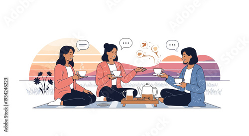 Three Women Enjoying Tea Outdoors Picnic Illustration