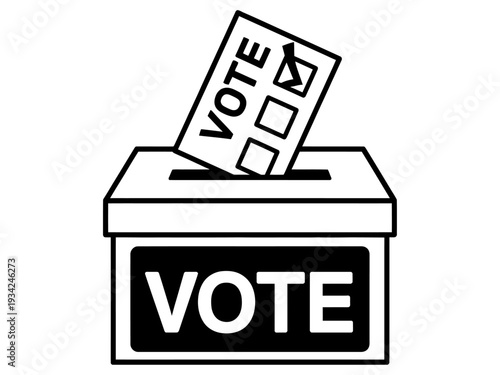 Black and white illustration of a ballot box with vote paper  voting concept