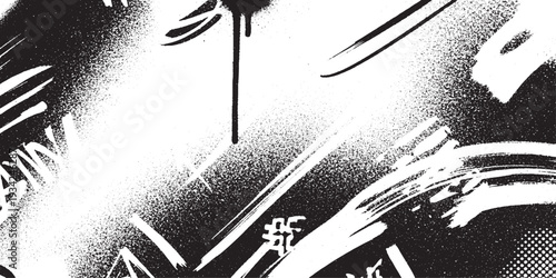 Black and white graffiti art background with spray paint drips, brush strokes, and abstract scribbles
