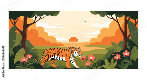 Tiger walking in lush jungle at sunset, vibrant nature landscape, exotic wildlife