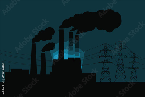 Industrial Factory with Smokestacks Emitting Smoke at Night, Air Pollution Concept