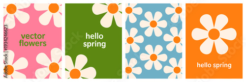 Colorful floral banners with white flowers and spring greetings on white background