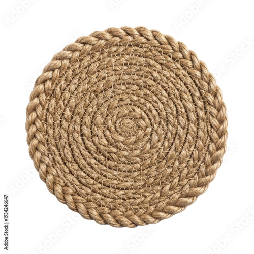 Round Woven Jute Coaster with Braided Edge Isolated on Black Background Keywords: jute coaster isolated on a transparent background