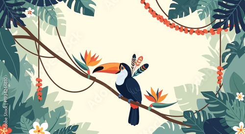 Toucan Bird Perched on Vine in Tropical Jungle with Exotic Flowers and Leaves