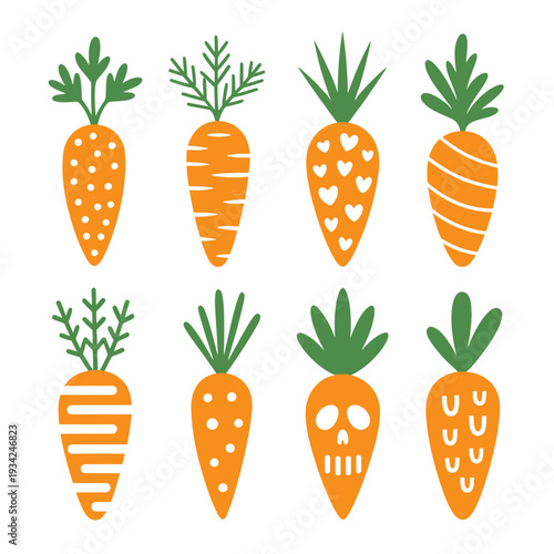 Set of cartoon carrots with different patterns on white background