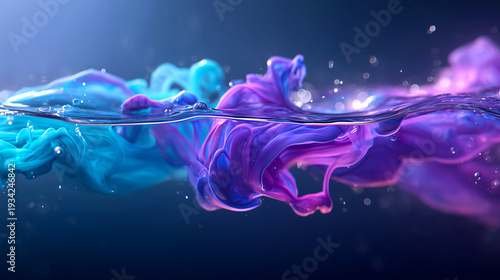 Vibrant abstract swirls of turquoise and purple ink beautifully blend and dance within clear liquid, creating mesmerizing fluid art with subtle bokeh highlights.