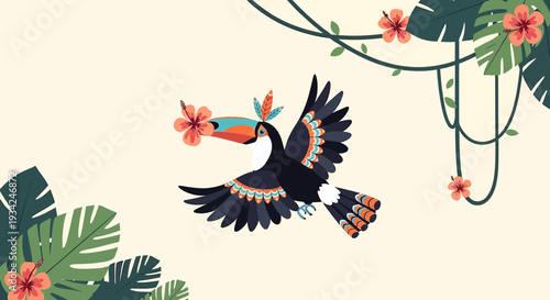 Toucan Flying with Tropical Flowers and Leaves, Jungle Illustration