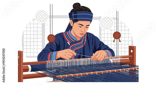 Traditional Weaver Woman Working on Loom, Textile Craftsmanship