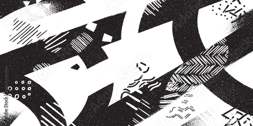 Dynamic abstract geometric patterns and brush strokes in black and white, energetic graphic background