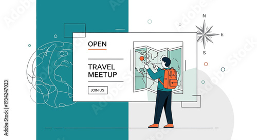 Travel Meetup Graphic: Man with Backpack and Map, Compass, Join Us